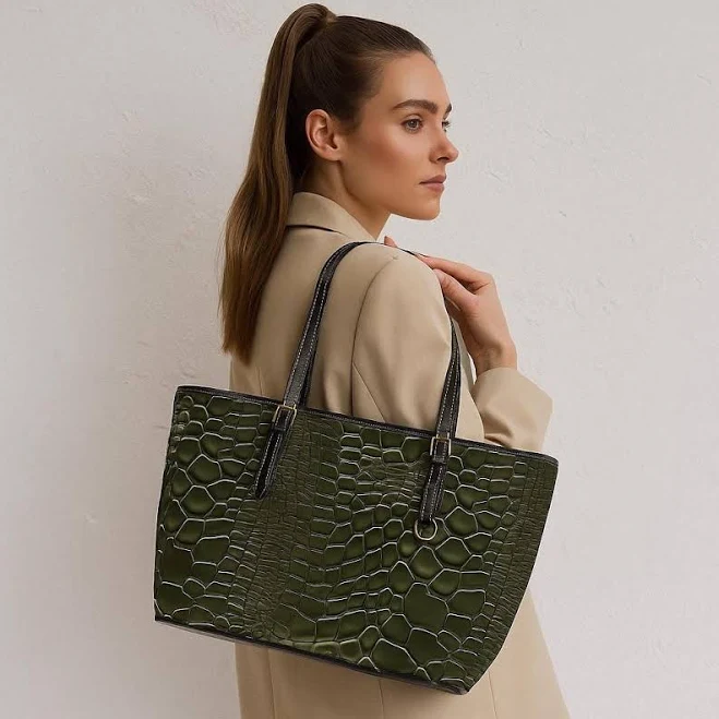 Crocodile Embossed Vegan Leather Shoulder Bag with Gold Hardware