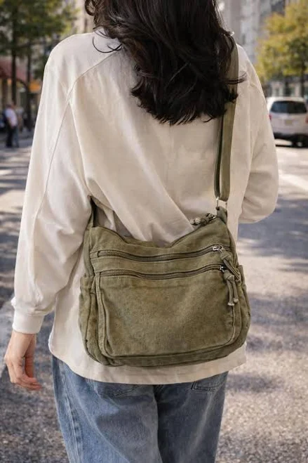 Canvas Crossbody Bag with Multi Pockets