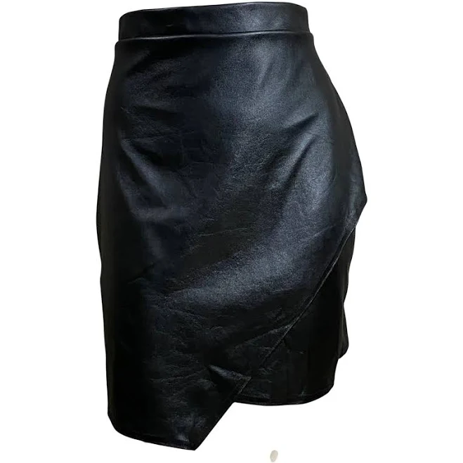 Prettylittlething Black Faux Leather Wrap Mini Skirt Asymmetrical Hem