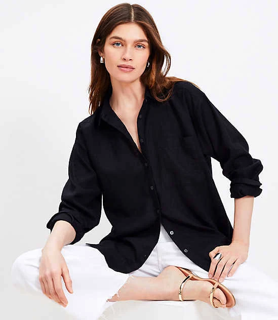 Loft Women's Oversized Linen Blend Shirt with Pocket