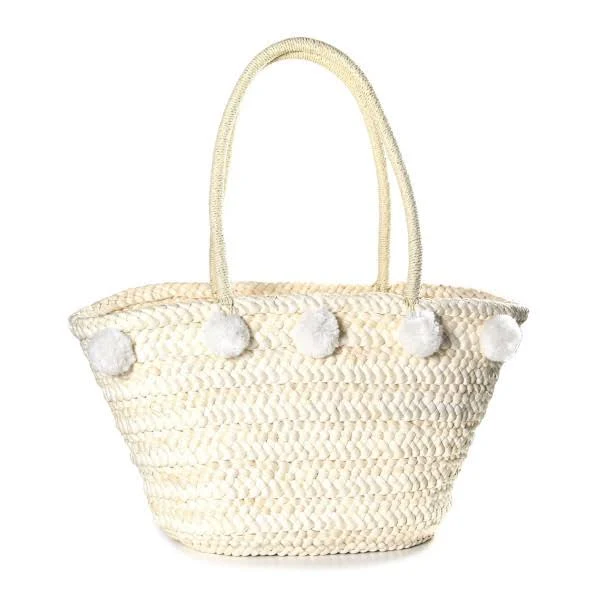 Woven Straw Tote Bag with Pom Pom Accents