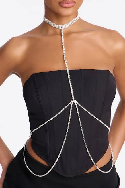 Fashion Nova Diamond Drape Body Chain in Silver