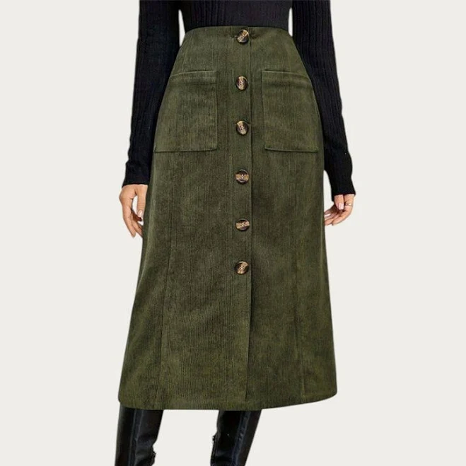 Anna-Kaci Women's Corduroy Button Front Midi Skirt