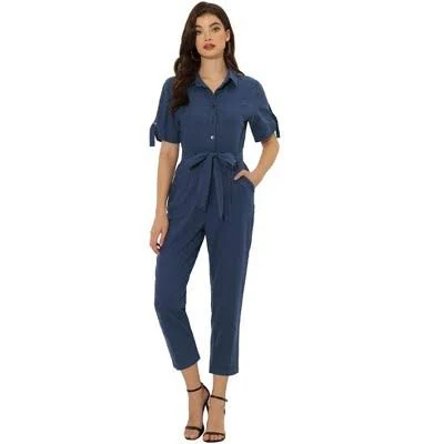 Inspire Chic Women's Short Sleeve Collared Button Down Tie Waist Cargo Jumpsuit