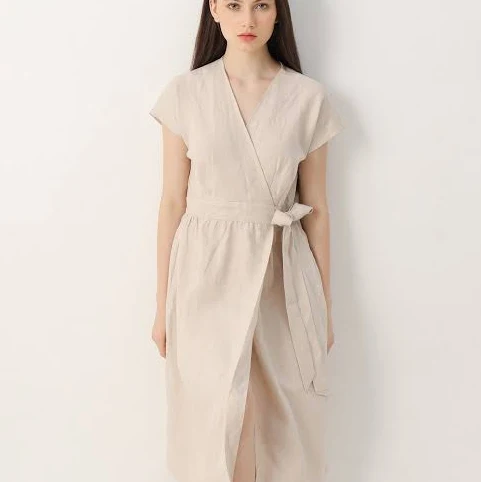 Tie-Waist Linen Wrap Dress