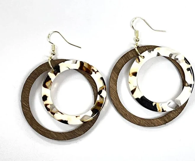 14K Gold Plated Handmade Tortoise Shell & Wood Hoop Earrings