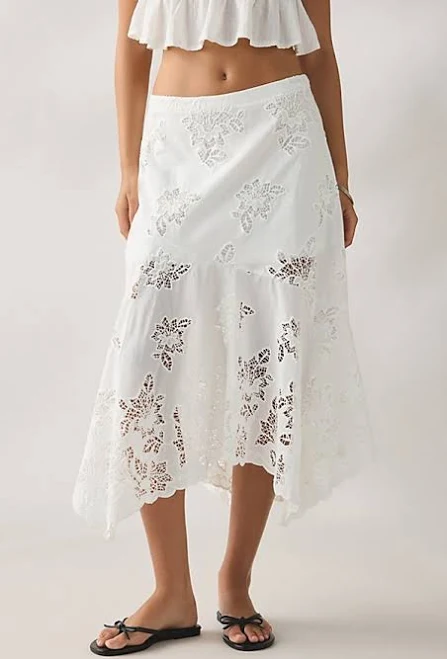 Kimchi Blue Elena Eyelet Lace Hanky Hem Midi Skirt in White Cotton, Women's L at Urban Outfitters