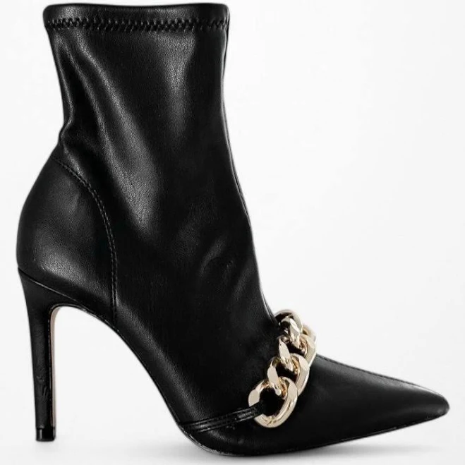 Zara Shoes | Zara Black Faux Leather Gold Chain Pointy Toe Stiletto Bootie Boots Heel Size 6 | Color: Black/Gold | Size: 6 | Solavished's Closet