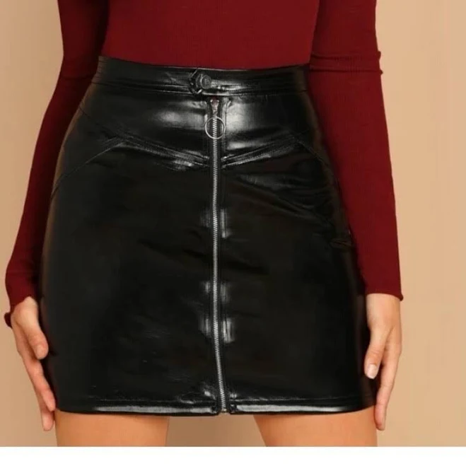 Black Faux Leather A-line High Rise Mini Skirt With Front Zipper