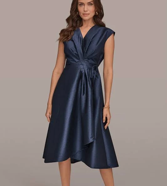 Donna Karan Women's Sleeveless Pleated Taffeta Wrap Midi Dress