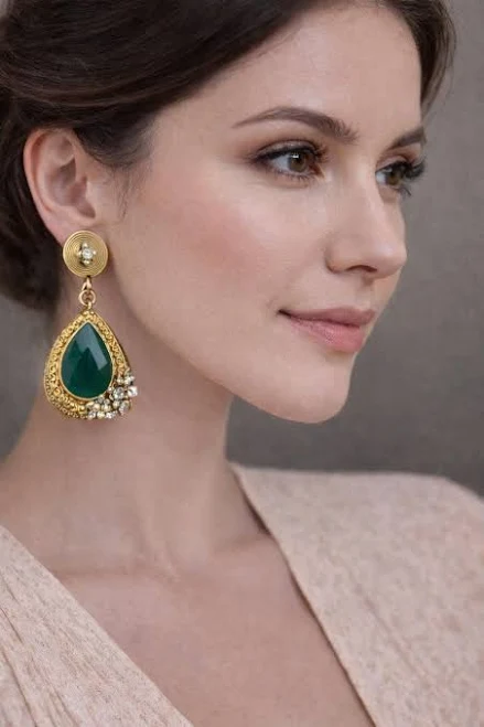 Emerald Teardrop Gold Crystal Earrings