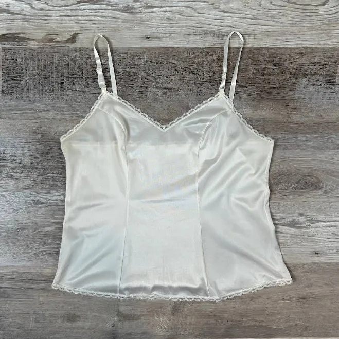 Cream Satin Camisole Top Adjustable Straps Lace Trim Y2k Coquette