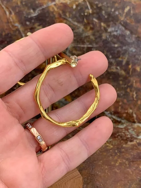 24K Gold Organic Hammered Gold Oversized Hoop Earrings