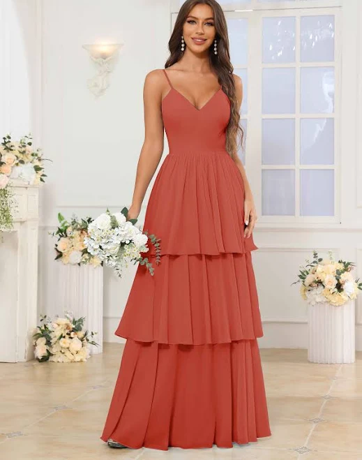 Hadassah Romantic A-Line V-Neck Tiered Pleated Chiffon Bridesmaid Dress