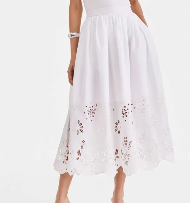 INC International Concepts Women's Cotton Eyelet Lace Midi Skirt