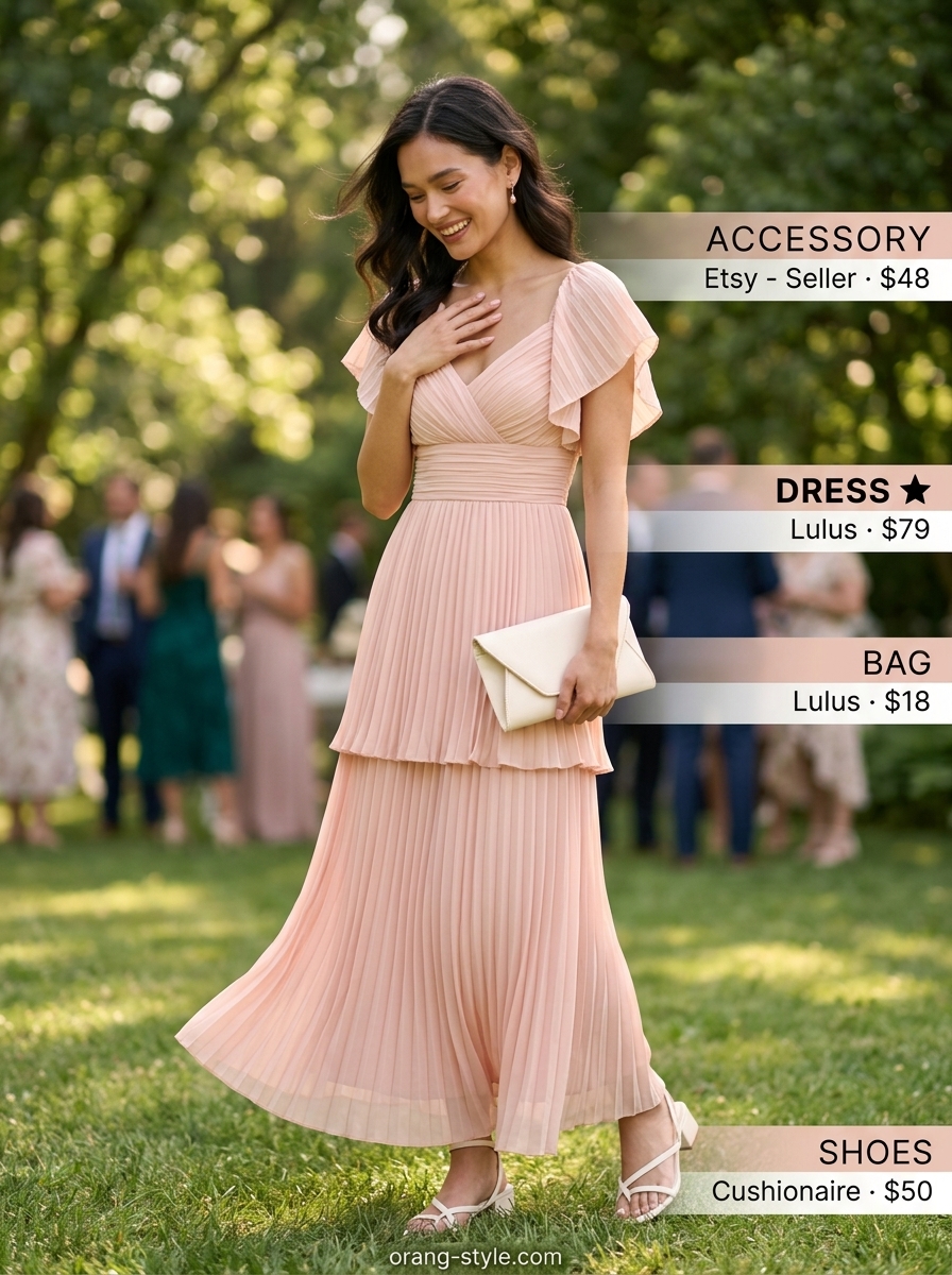 Blush pink chiffon maxi dress for garden parties. Solid color summer flowy maxi dresses 2026 with block heels and rose gold earrings.