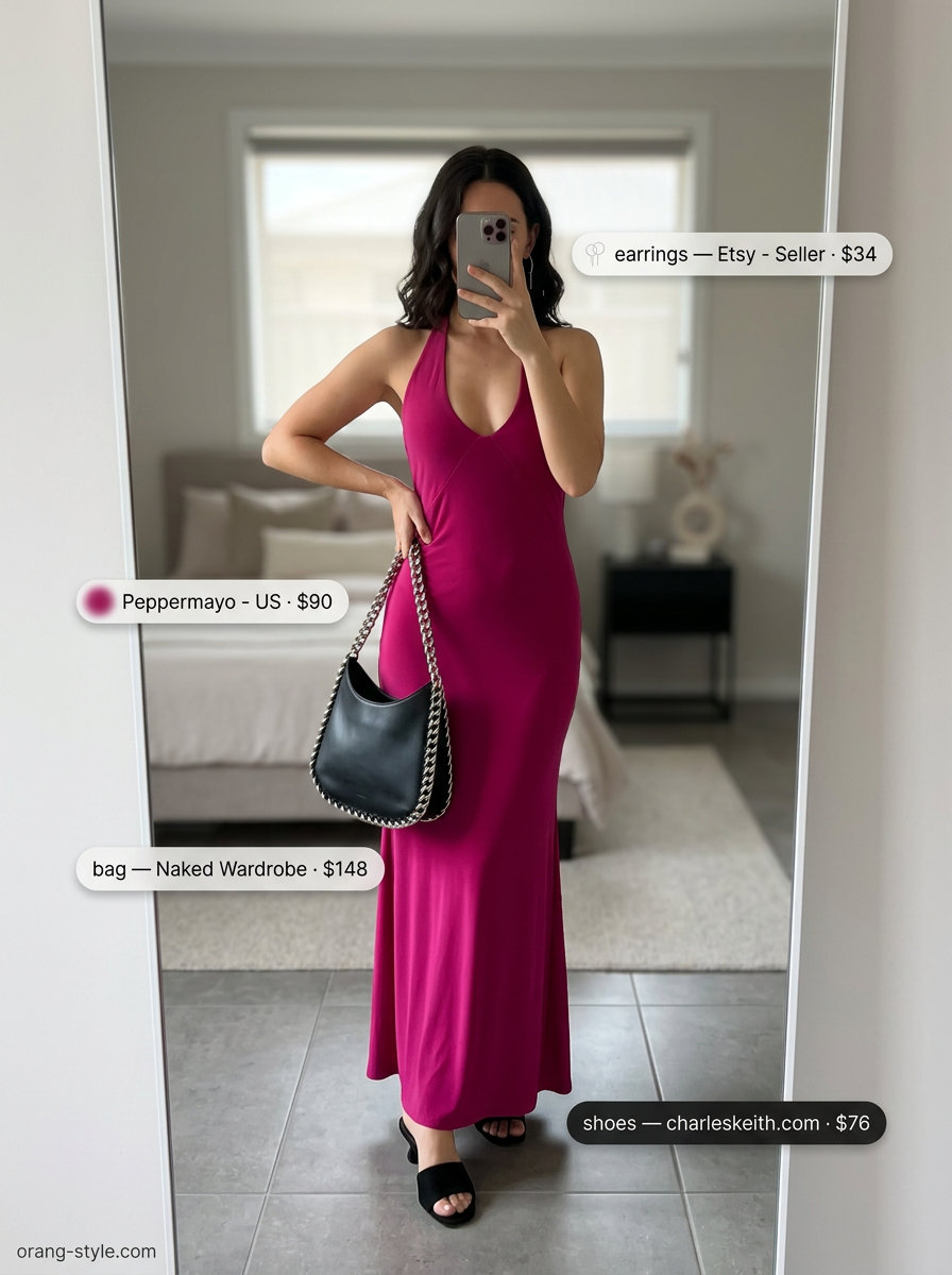 Bold fuchsia halter maxi dress for cocktail parties. Style with silver earrings, black bag, and black block heels.