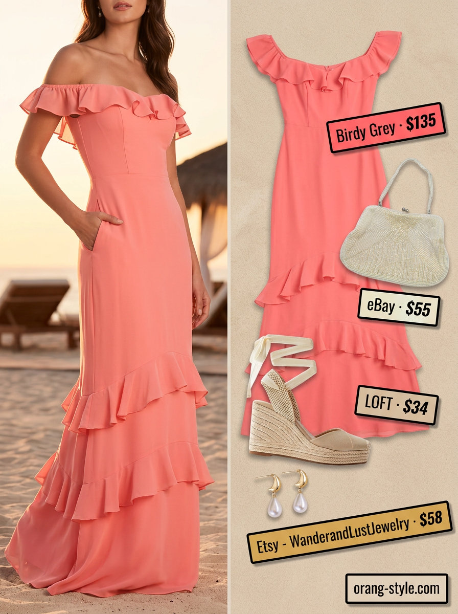 Coral pink flowy maxi dress for beach resort dinners. Solid color summer flowy maxi dresses 2026 with espadrilles and gold jewelry.