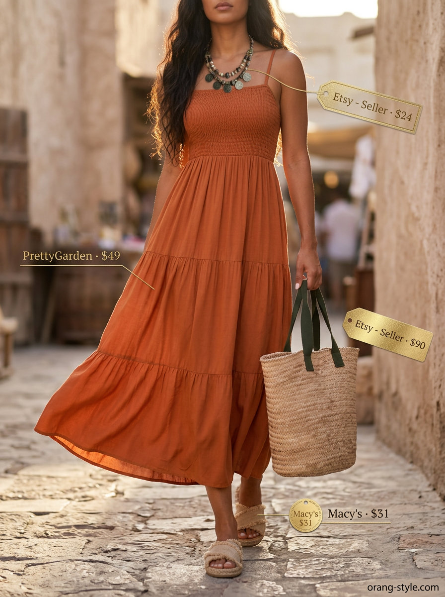 Earthy terracotta orange tiered maxi dress for farmers markets. Style with espadrilles, bronze necklaces, and straw tote.