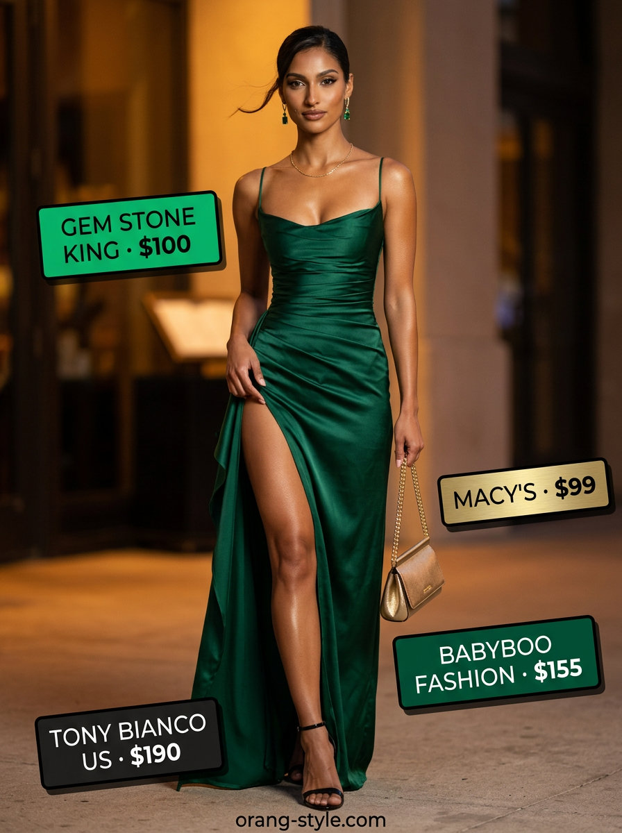 Emerald green silk blend slip maxi dress for summer weddings. Solid color summer flowy maxi dresses 2026 with strappy heels and statement earrings.