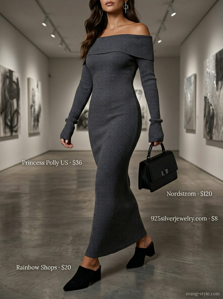 Charcoal gray flowy off-shoulder maxi dress for gallery openings. Pair with black mules, crossbody bag, and silver studs.