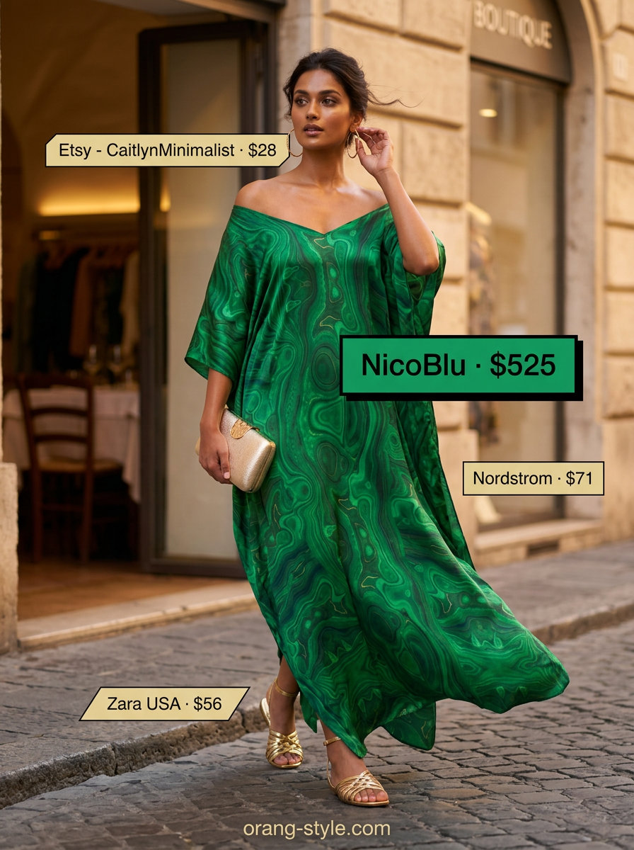Emerald green flowy caftan maxi dress for resort dinners. Accessorize with gold hoops, clutch, and metallic flats.