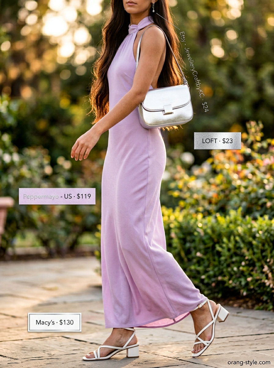 Romantic lavender halter maxi dress for garden parties. Style with white sandals, silver bag, and pearl earrings.