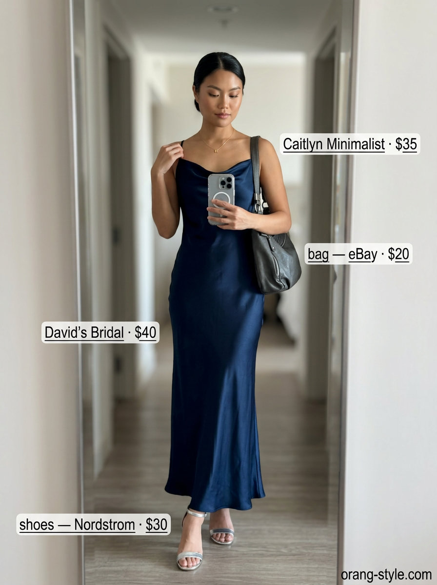 Sleek navy blue slip maxi dress for evening events. Style with silver necklace, grey bag, and metallic sandals.