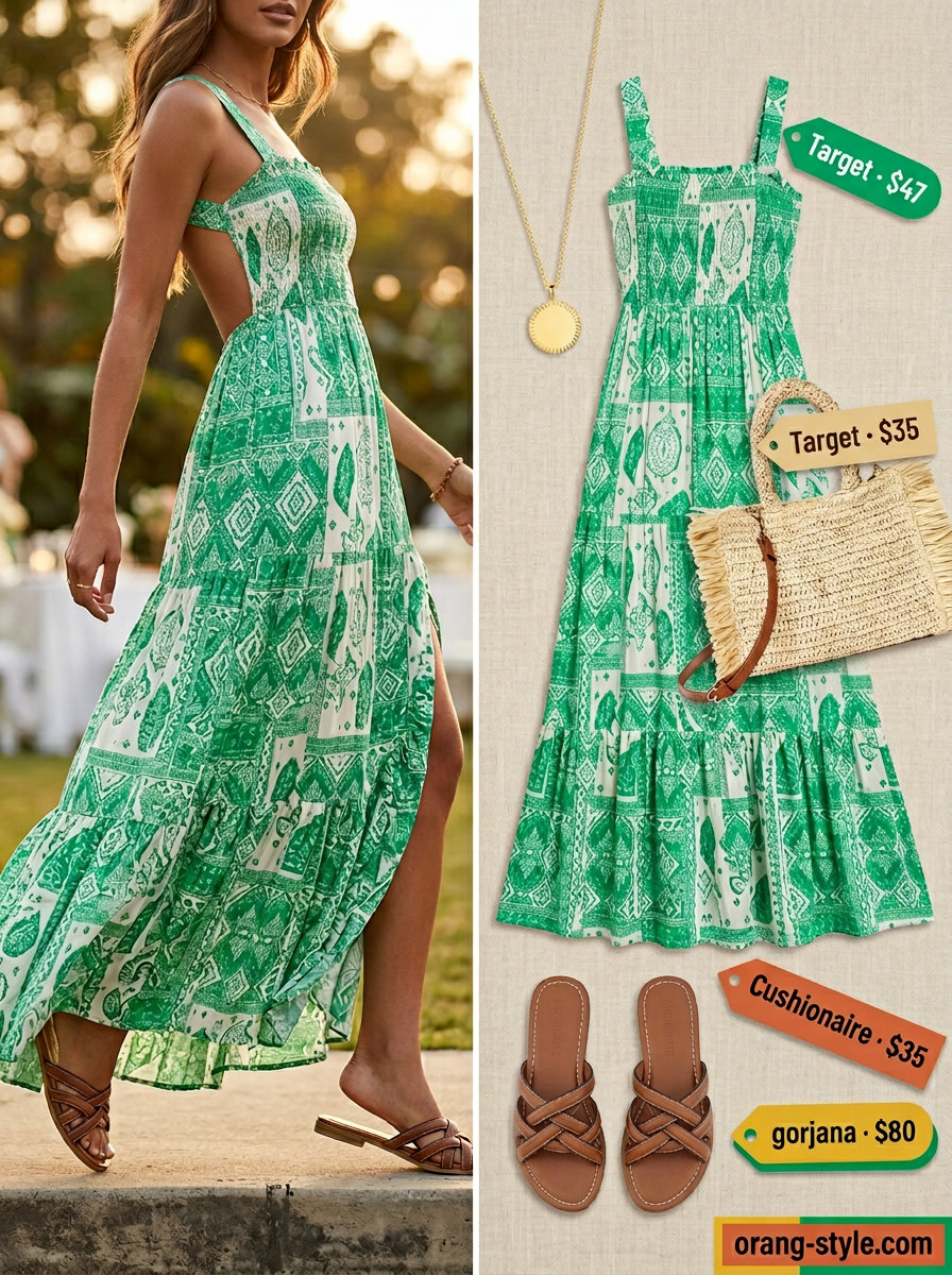 Olive green crinkle cotton tiered maxi dress for festivals. Solid color summer flowy maxi dresses 2026 with leather slides and gold necklace.