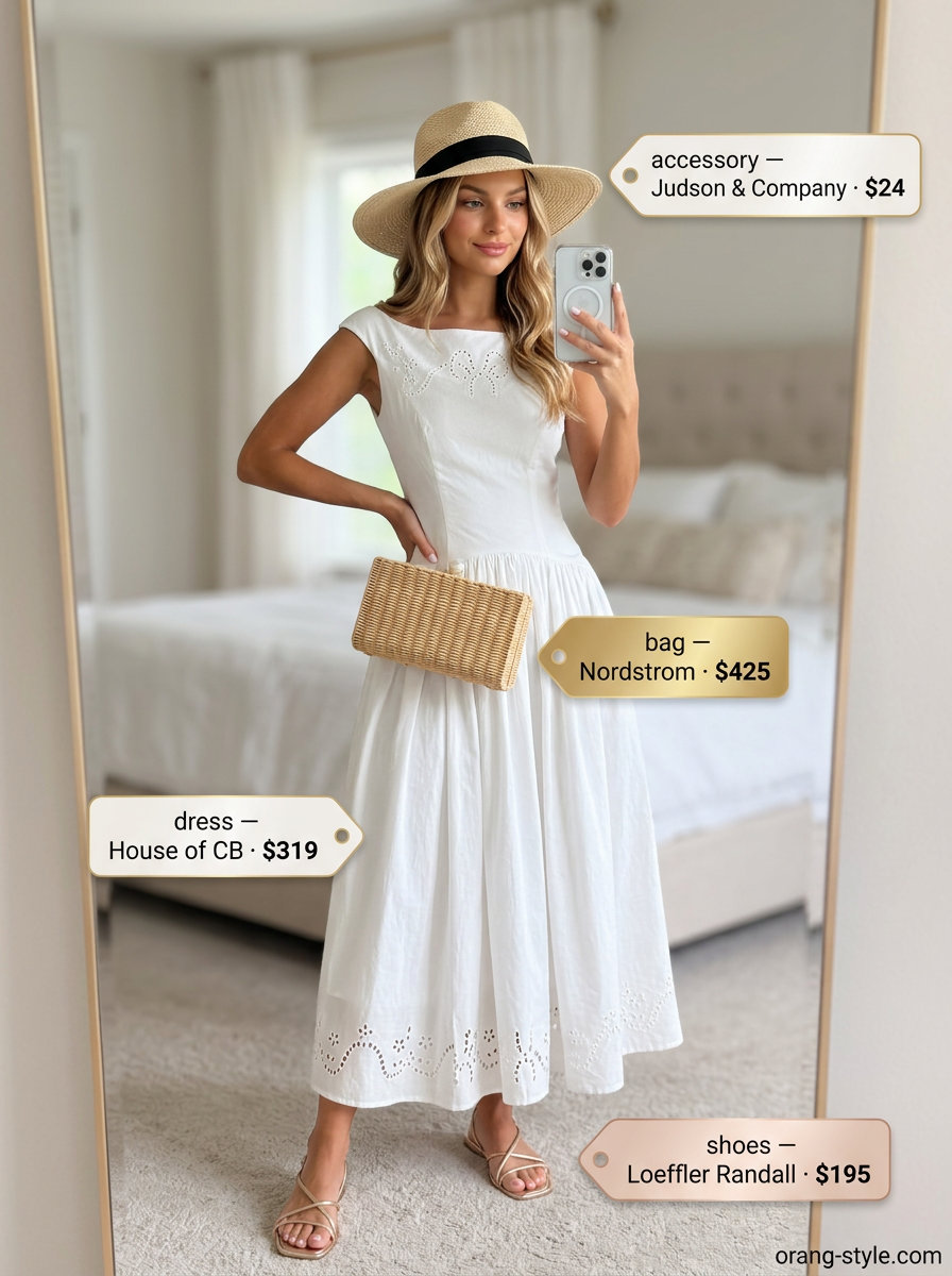 Elegant crisp white eyelet maxi dress for garden parties. Style with gold sandals, straw clutch, and wide-brim hat.