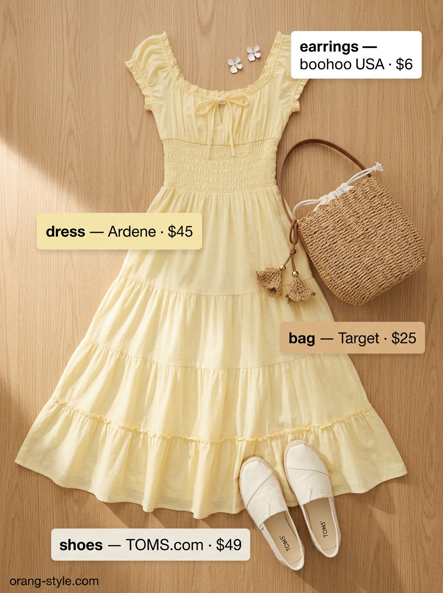 Sunny yellow flowy babydoll maxi dress for picnics. Add raffia bag, white enamel earrings, and espadrille flats.