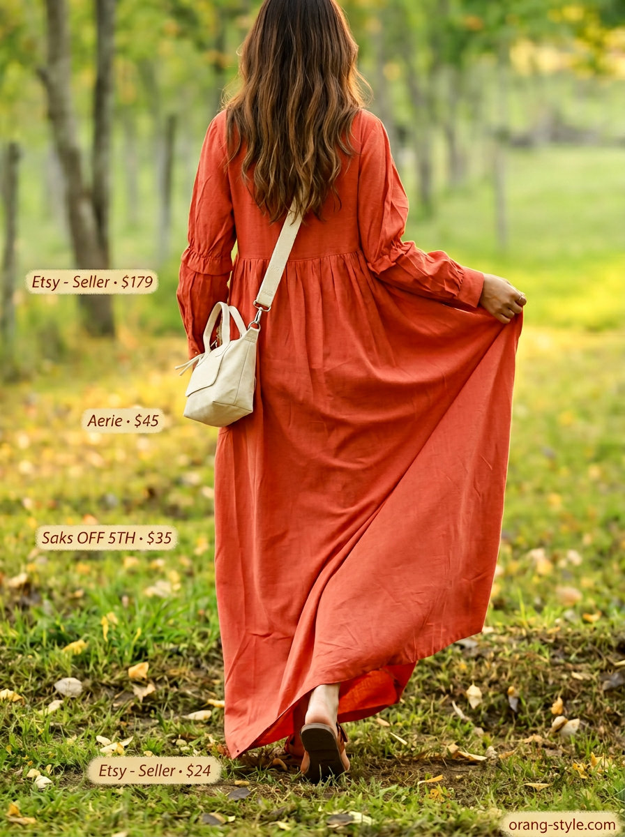 Terracotta orange linen blend maxi dress for farmers markets. Solid color summer flowy maxi dresses 2026 with leather sandals and layered necklaces.