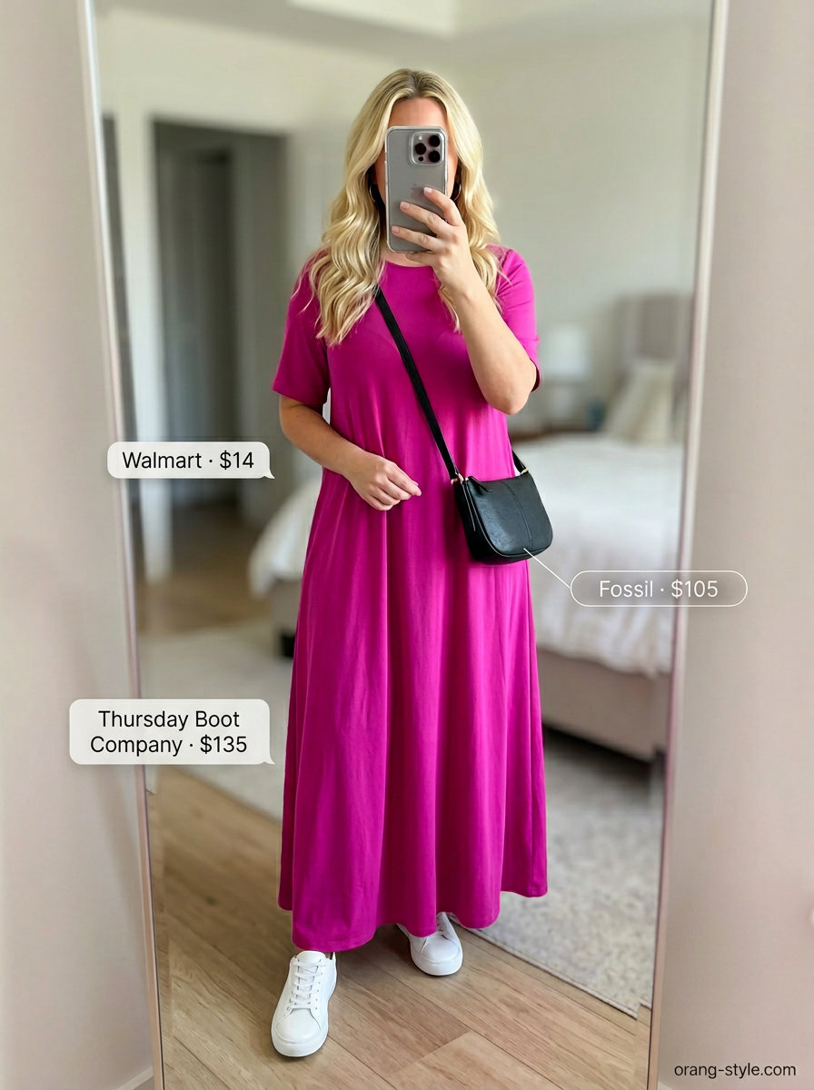 Charcoal grey flowy maxi dress for city strolls. Style with black bag, silver hoops, and white sneakers.