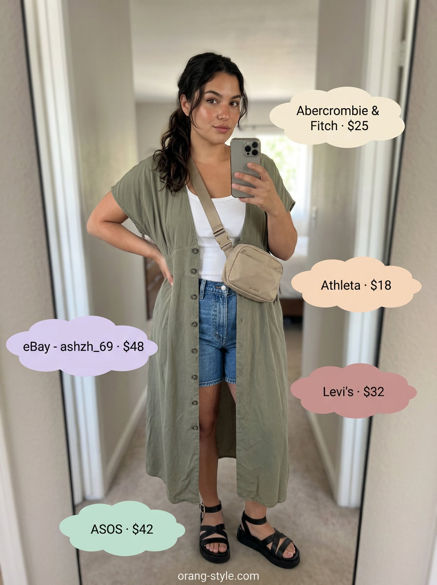 Edgy olive green maxi dress worn as duster over denim shorts. Style with chunky sandals and belt bag.