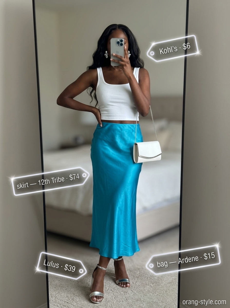 Stylish summer outfits for black woman 2026: Ocean blue satin skirt with white crop top and silver heels for resort evening.