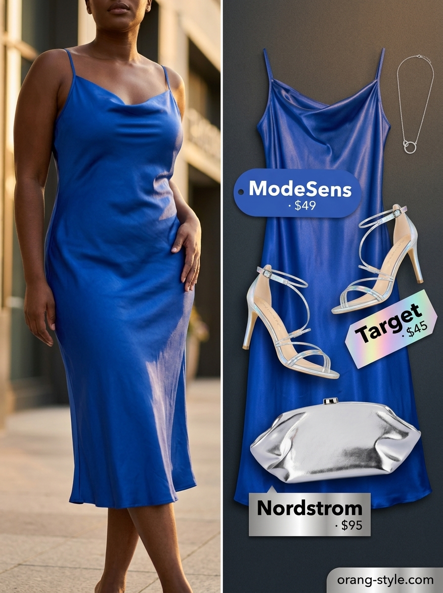 Stylish summer outfits for black woman 2026: Cobalt blue slip dress with silver heels and clutch for a summer gala.