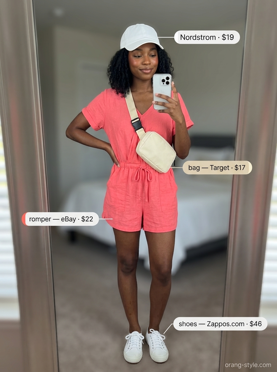 Stylish summer outfits for black woman 2026: Coral romper, white cap, and canvas sneakers for a picnic.