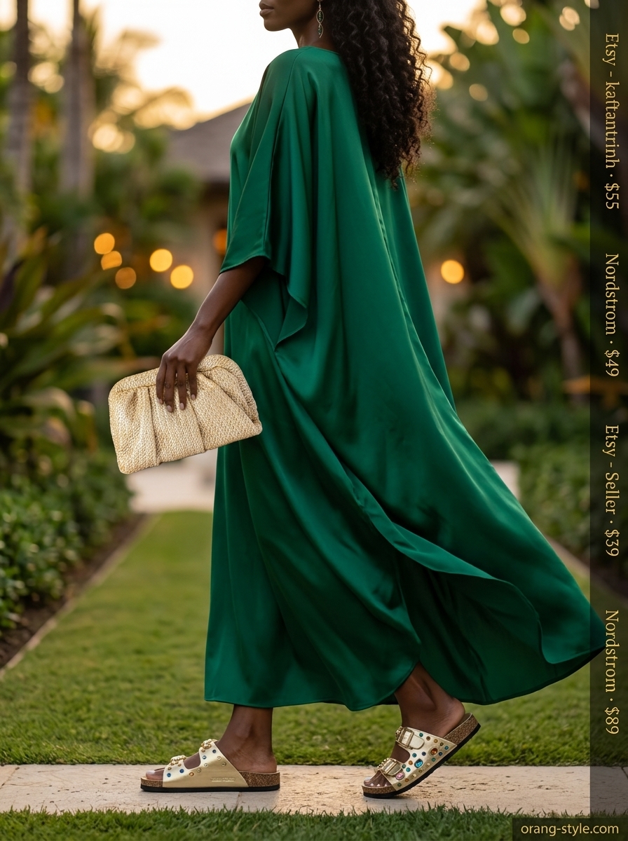 Stylish summer outfits for black woman 2026: Emerald green caftan dress with gold accessories for a resort vacation.