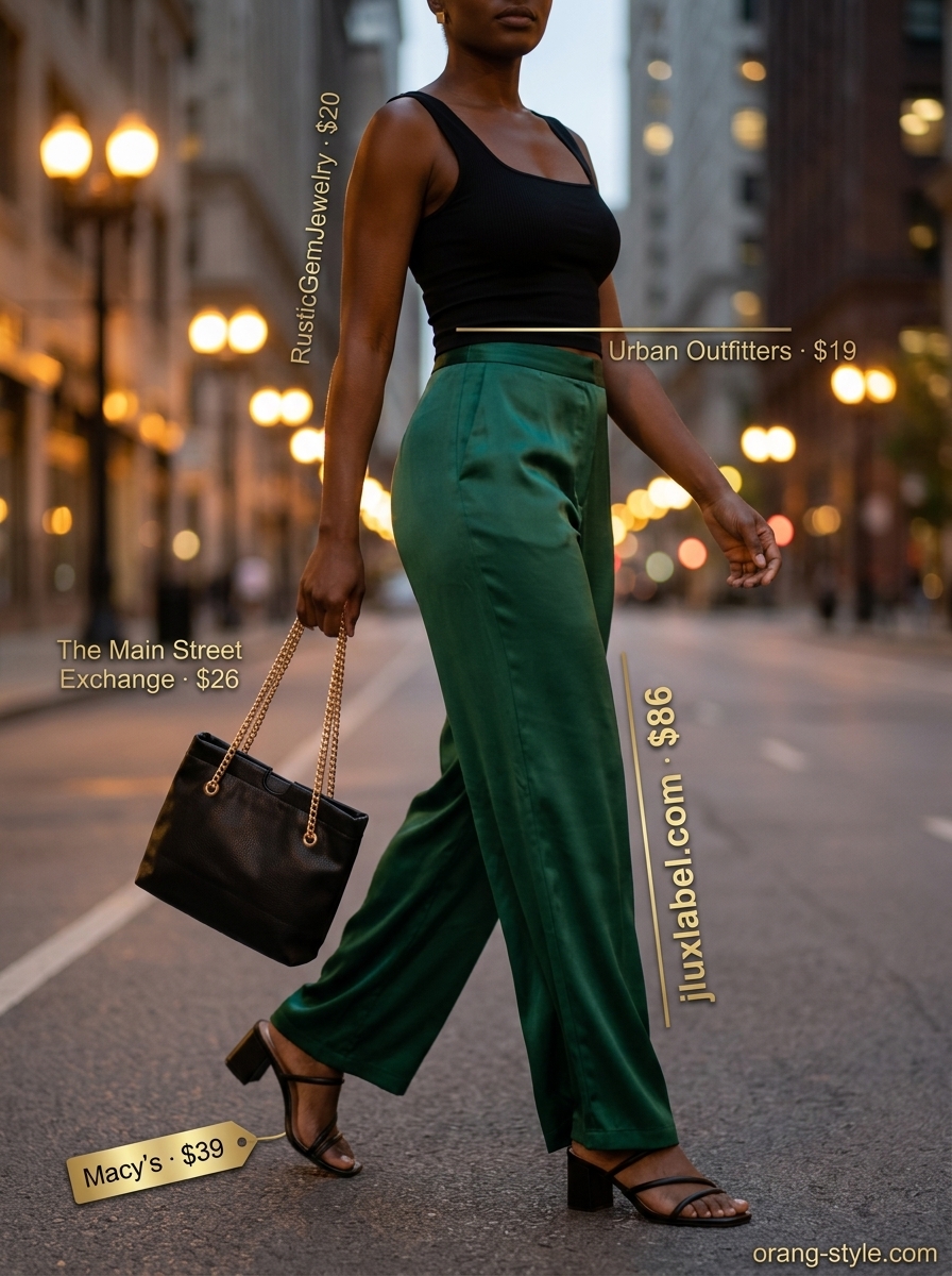 Stylish summer outfits for black woman 2026: Emerald green wide-leg pants with black knit top & block heels.