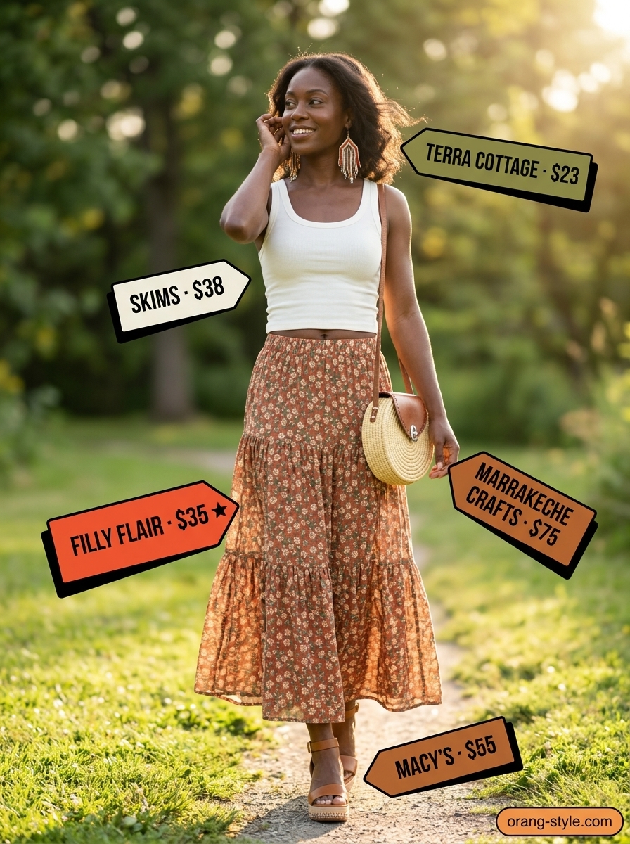 Stylish summer outfits for black woman 2026: Floral maxi skirt, ivory tank, cognac sandals & straw bag.