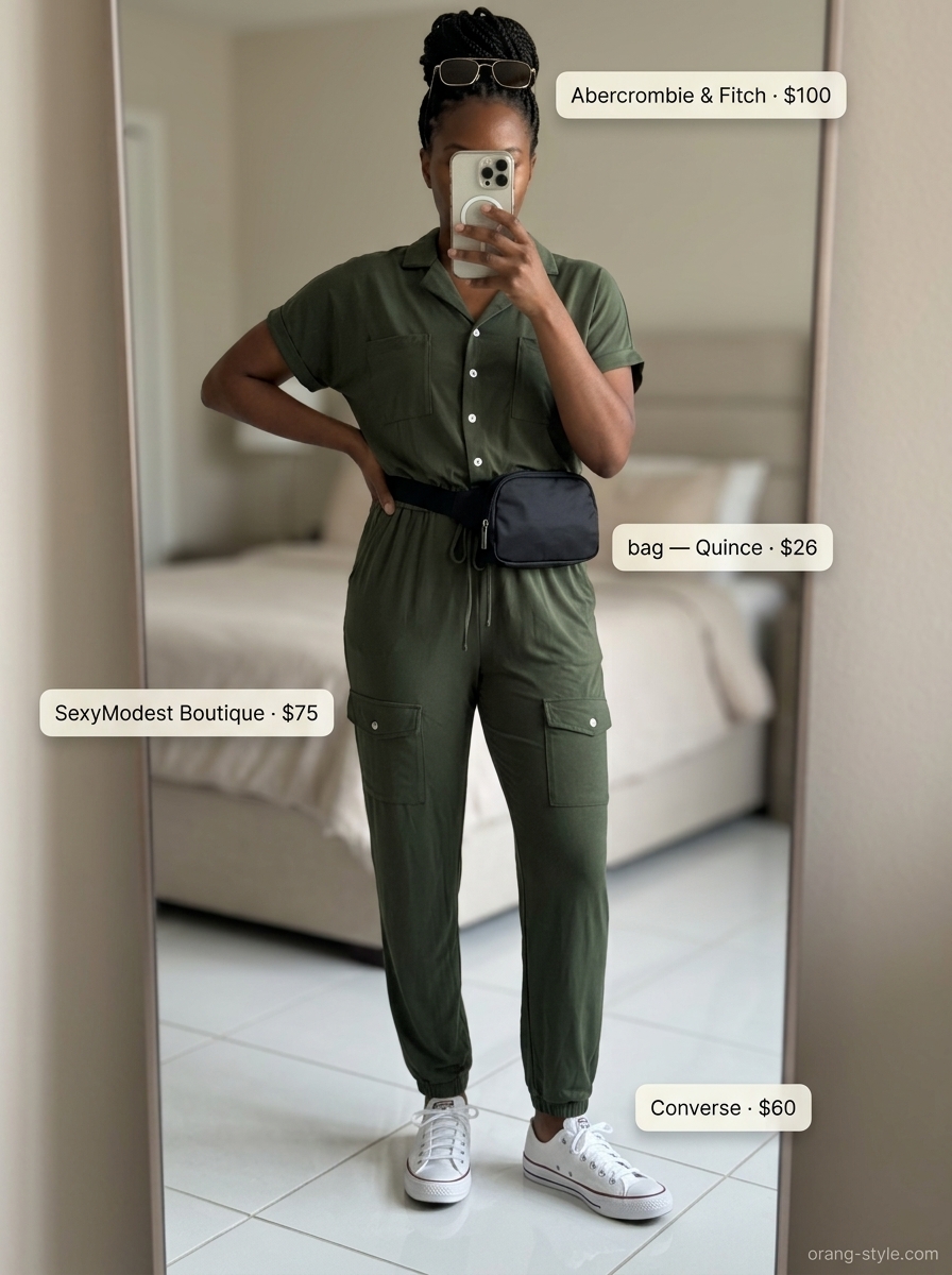 Stylish summer outfits for black woman 2026: Khaki utility jumpsuit with sneakers and belt bag for urban exploration.