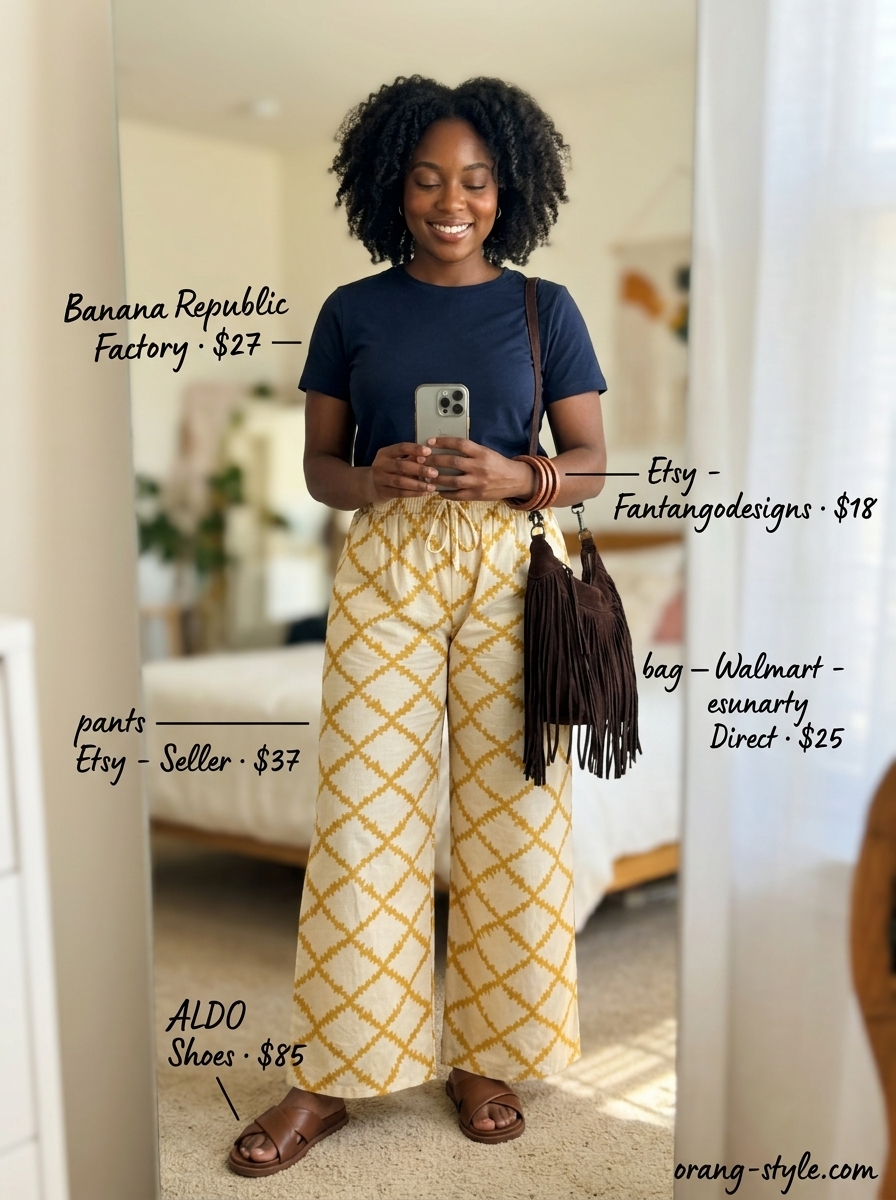 Stylish summer outfits for black woman 2026: Mustard yellow wide-leg pants, navy tee & brown hobo bag.