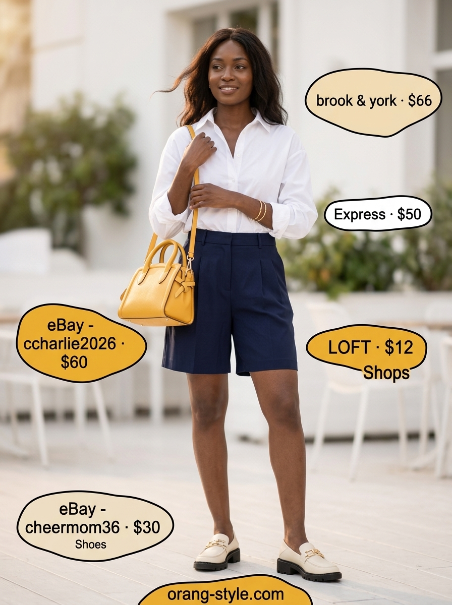 Stylish summer outfits for black woman 2026: Navy shorts, white shirt, loafers for a preppy summer day event.