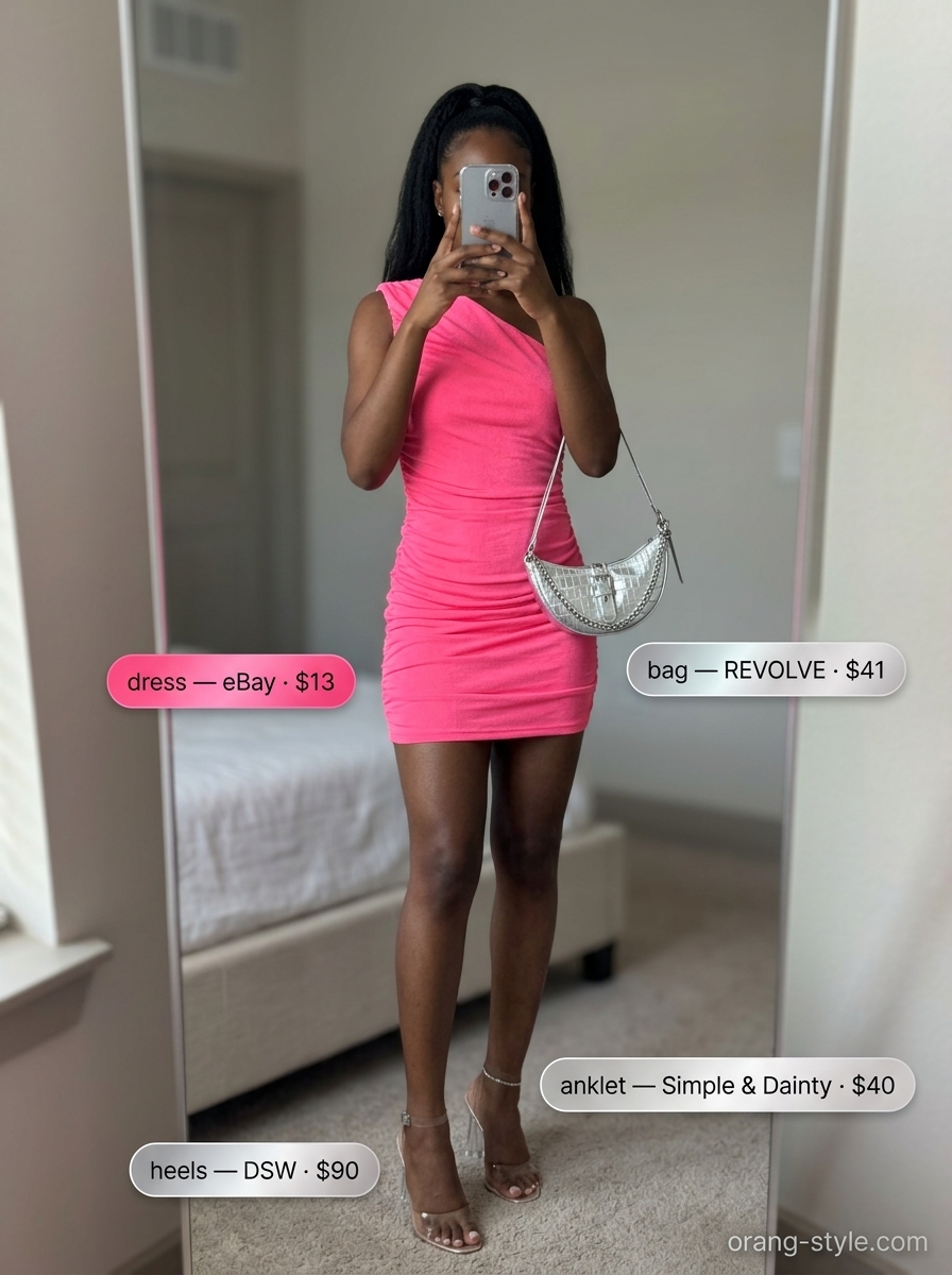 Stylish summer outfits for black woman 2026: Hot pink one-shoulder mini dress with silver shoulder bag & heels.