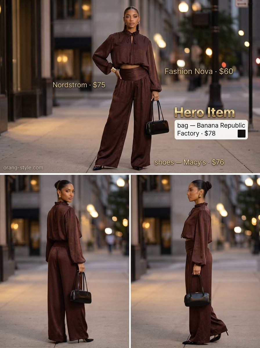 Stylish summer outfits for black woman 2026: Chocolate brown satin set, gold cuff, and black heels for a glam evening.