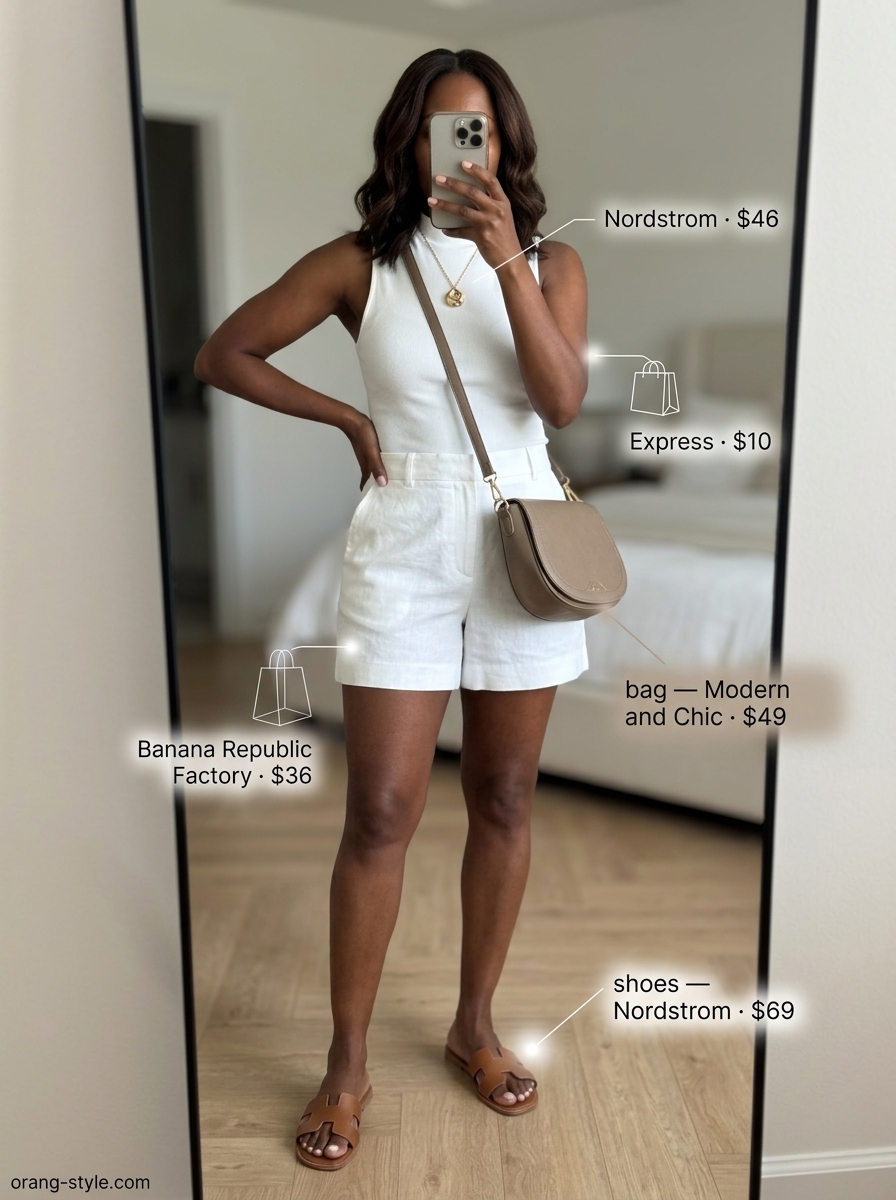 Stylish summer outfits for black woman 2026: White tank, tan shorts, tan slides & gold necklace.