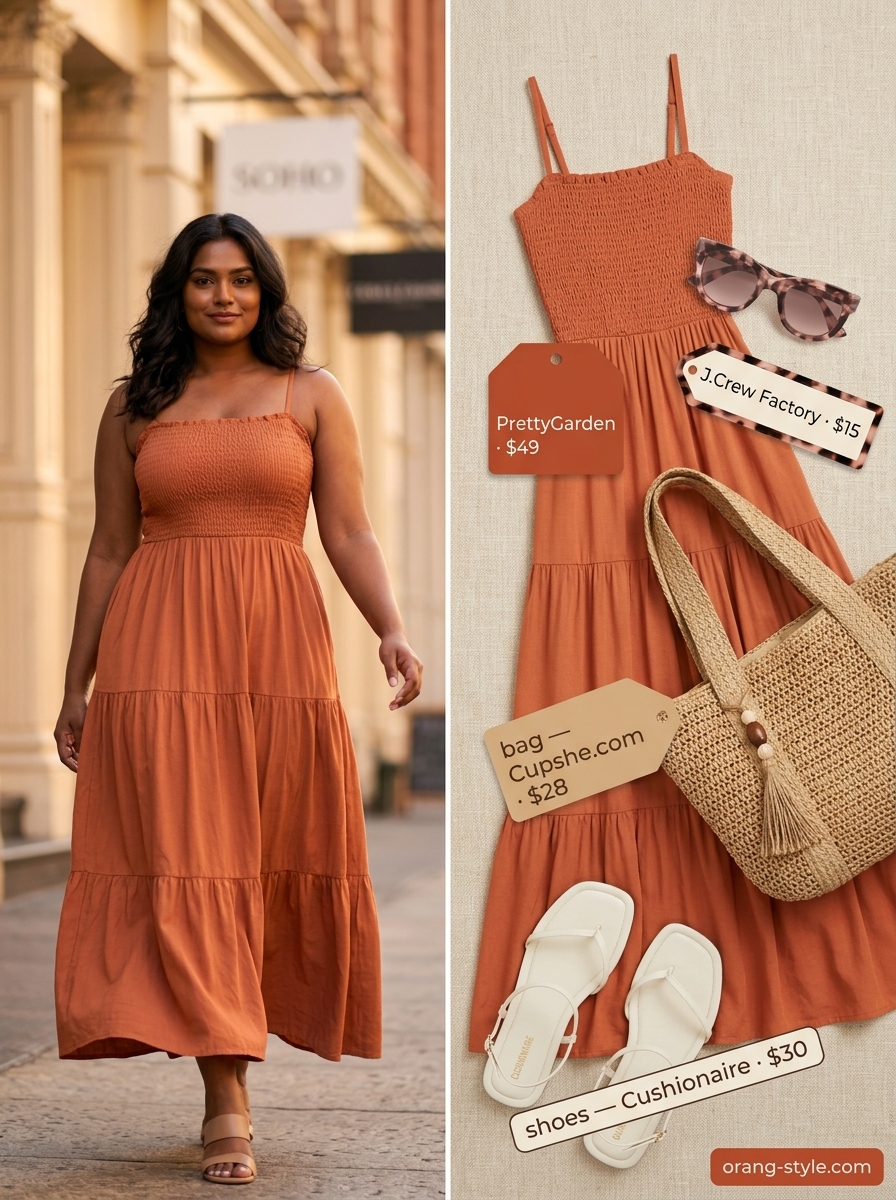 Stylish summer outfits for black woman 2026: Terracotta maxi dress, straw tote, and slide sandals for a brunch.