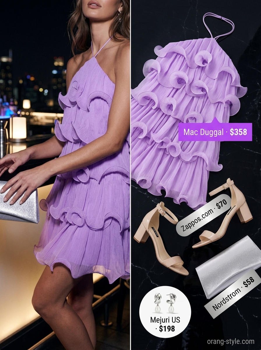 Romantic lavender chiffon dress, dreamy summer cocktail party outfit for women 2026. Tiered skirt, block heels, silver clutch.