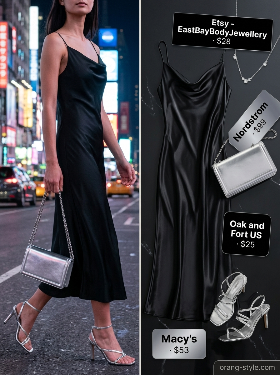 Minimalist black slip dress, chic summer cocktail party outfit for women 2026. Bias-cut midi, silver accessories, strappy sandals.