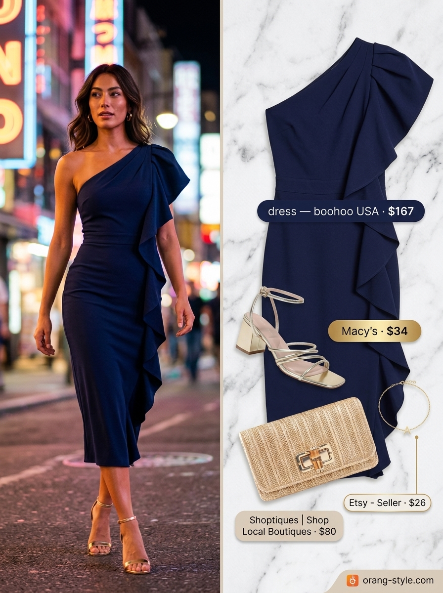 Cobalt blue one-shoulder midi dress, straw clutch & gold sandals for a summer cocktail party outfit for women 2026.